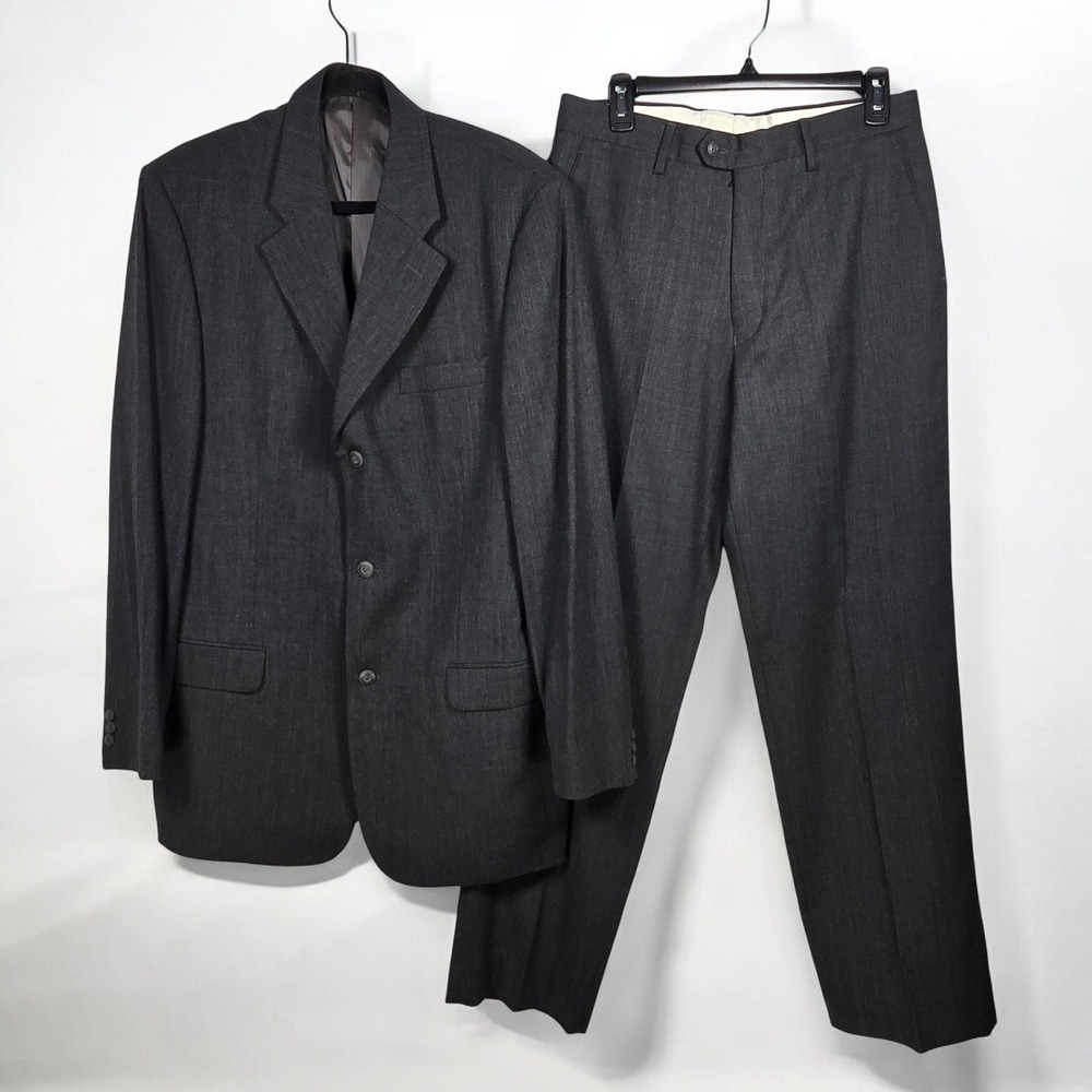 Bachrach Mens 2pc Suit 44 Long Charcoal Gray 100% Wool Made in Italy Pants 30x32